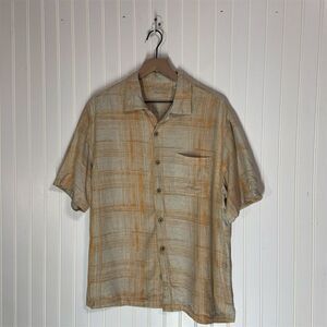 Caribbean Fine Silk Mens L Shirt Beige Orange Plaid 100% Silk Short Sleeve